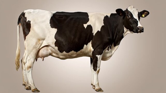 Full-body profile of a healthy Holstein dairy cow with striking black and white markings, symbolizing agricultural bounty and sustainable farming practices