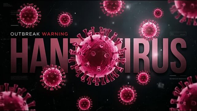Hantavirus outbreak warning with integrated virus cell graphics.