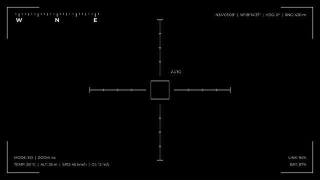 Realistic FPV combat drone interface. Futuristic HUD screen with targeting system, rocket UI and camera view. Vector illustration for military technology, simulation and sci fi concepts. POV.