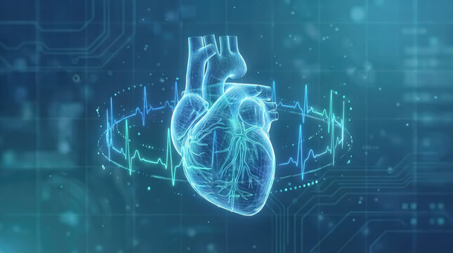 Glowing blue wireframe human heart model floating in a digital medical space with circular electrocardiogram waves and data circuit board patterns