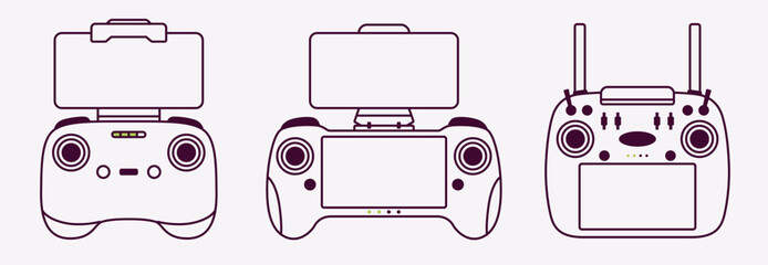 Drone controller joystick with screen display. Remote control for quadcopter with built in monitor. Vector illustration for drone piloting, technology and control systems. © Ihor