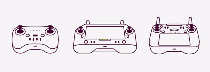 Drone controller joystick with screen display. Remote control for quadcopter with built in monitor. Vector illustration for drone piloting, technology and control systems. © Ihor