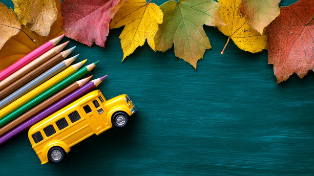 Small yellow toy bus with colorful pencils and autumn leaves on a dark wooden background