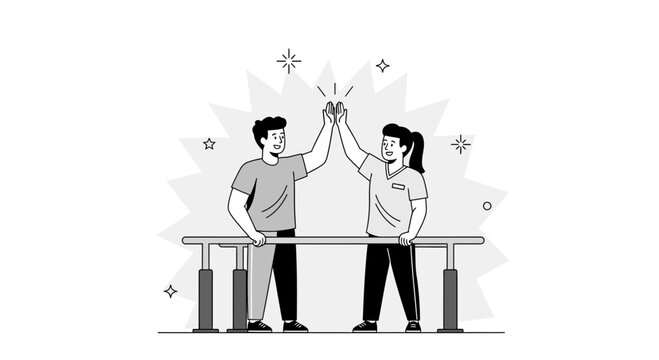 Therapy Success: Patient and Therapist High-Five at Parallel Bars