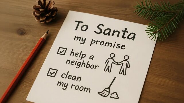 Handwritten "To Santa my promise" checklist with drawings, pledges to help a neighbor and clean my room on wood table with pencil, pinecone and evergreen sprig