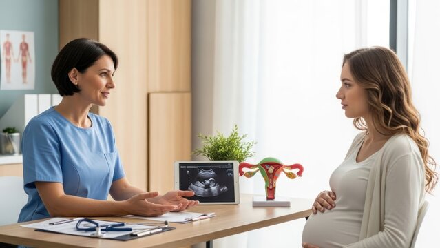 Pregnant woman consulting with doctor about ultrasound, reproductive health and maternity care