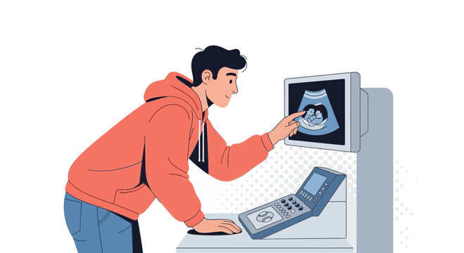 Man Studying Ultrasound Scan Of Baby In Womb - Medical Imaging Tech