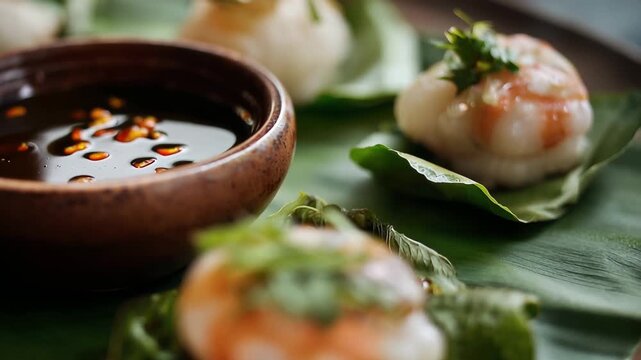 Delicious shrimp dumpling on banana leaf, Three small dumplings arranged on a vibrant green leaf