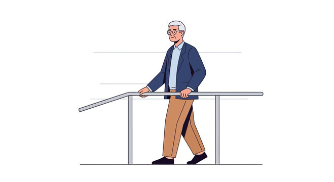 Elderly Man Walking with Parallel Bars, Rehabilitation and Recovery