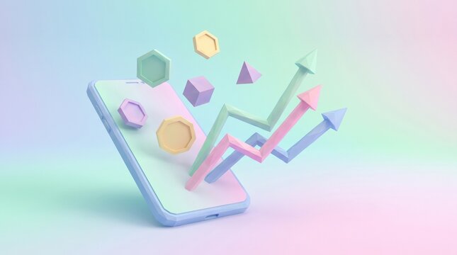 A mobile phone with colorful geometric shapes and charts emerging from the screen