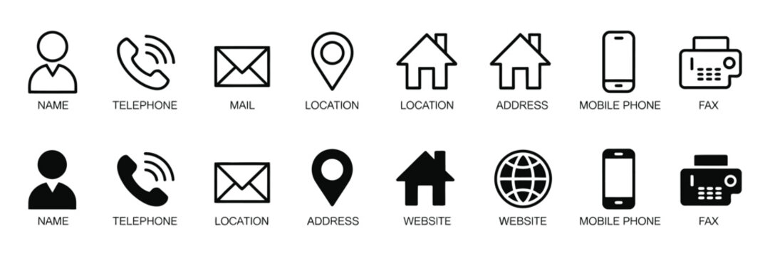Business Communication vector icon collection, contact symbols featuring email, mobile phone, address, fax and globe icons for online and professional networking concepts.