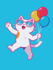 Fototapeta premium Cool Cartoon Cat Holding Balloons and Celebrating Happily