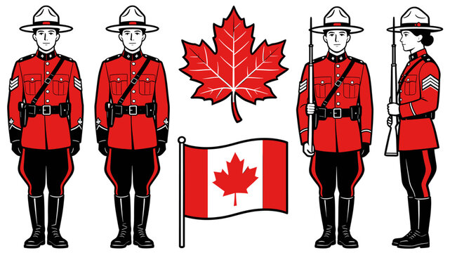 Illustrative depiction of Royal Canadian Mounted Police officers in traditional red serge uniforms alongside Canadian national symbols like the maple leaf and flag.