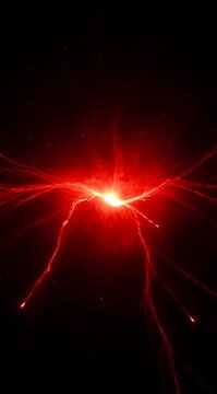 Bright Red Energetic Light Streaks Exploding from Center Against Black Background Dynamic Abstract Energy Burst Flowing Outward with Glowing Particles and Sparks