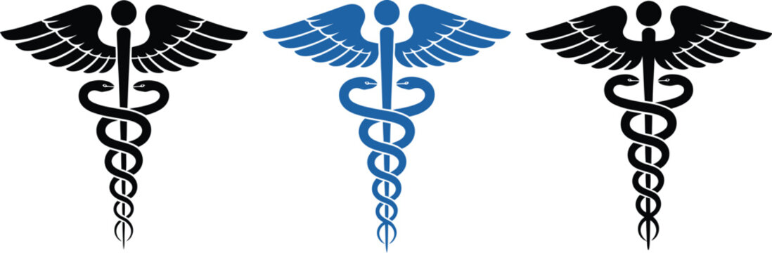 Contrast of Black and Blue Caduceus and Rod of Asclepius Medical Symbols. Healthcare, Medicine and Medical Emblem Vector Illustration