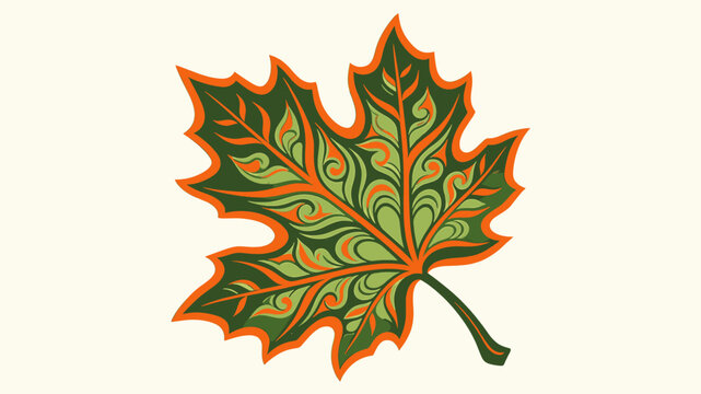 Intricately designed maple leaf with swirling patterns in green and orange hues, set against a neutral background.