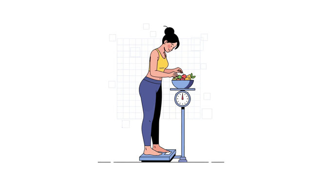 Woman weighing salad, healthy eating, fitness, diet, lifestyle, illustration