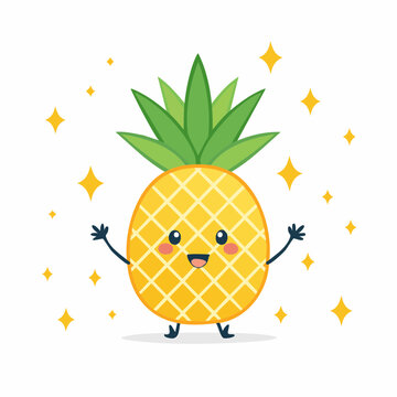 Cute Kawaii Pineapple Character Waving with Sparkles