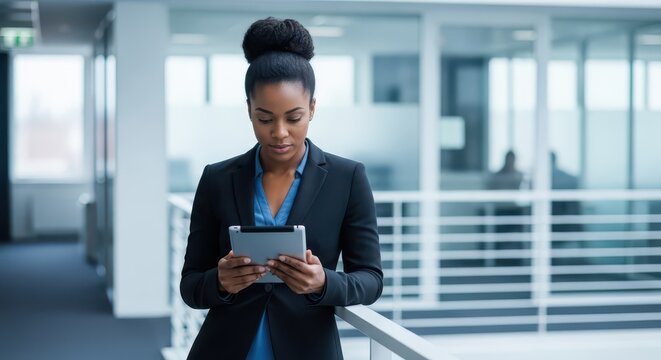 Confident African American Businesswoman Using Digital Tablet in Modern Corporate Office Hallway