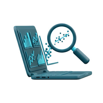 3D Laptop with Charts and Magnifying Glass Analyzing Data