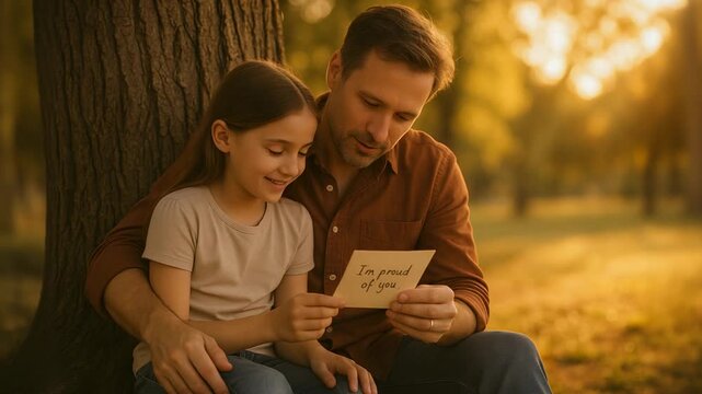 Father and daughter sitting by a tree at sunset, reading a handwritten note that says "I'm proud of you", sharing a warm, affectionate family moment