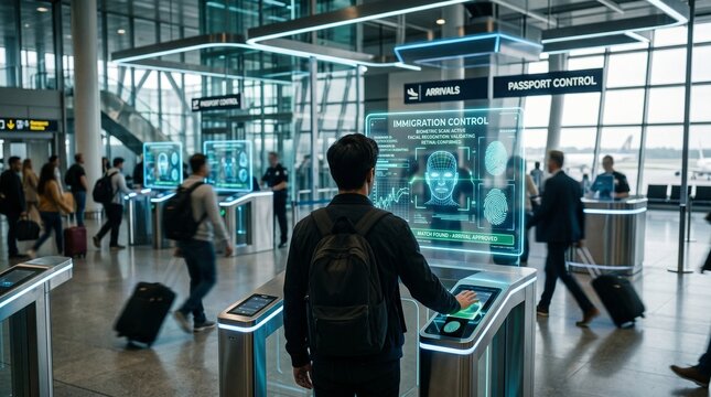 Man at Futuristic Border Control Using Biometric Scanner for Identity Verification in an Airport Terminal