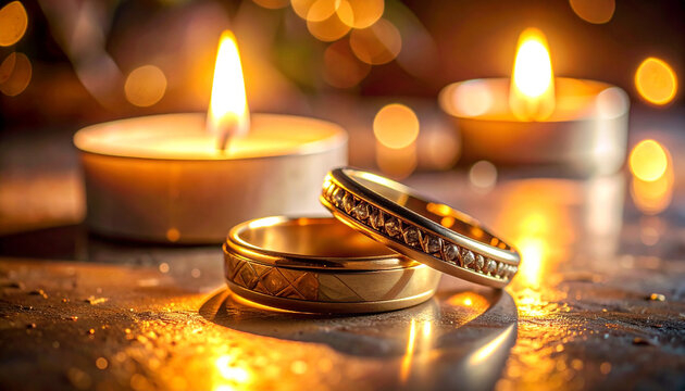 Wedding rings with lit candles
