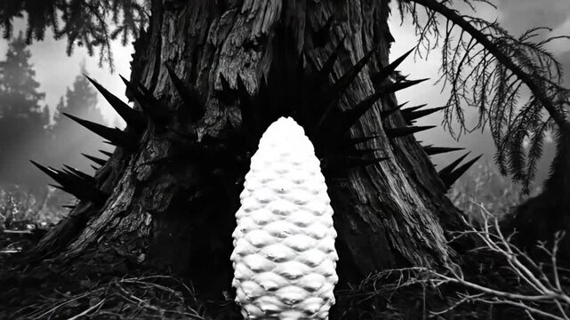 Mysterious black and white shot of a pine cone nestled in the roots of a textured tree with spiky protrusions in a dark forest setting