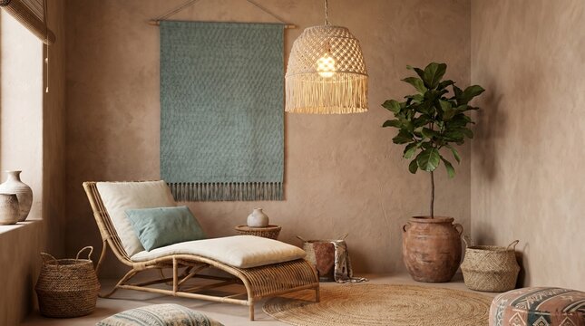 A cozy bohemian living room with a woven lounge chair, textured wall hanging, and natural decor