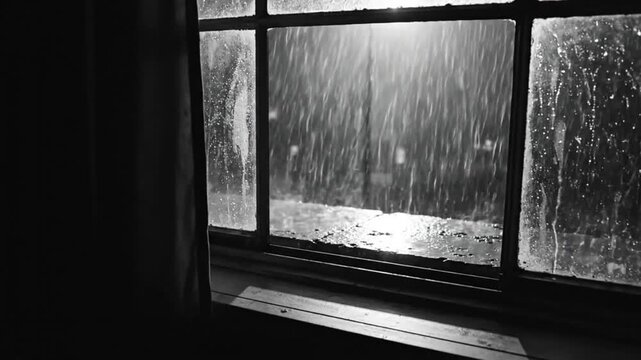 Rain falling hard outside a window on a dark night with street light illuminating the downpour creating a moody scene
