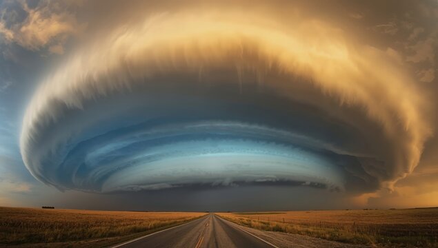 Dramatic supercell thunderstorm forming over vast desert landscape at golden hour