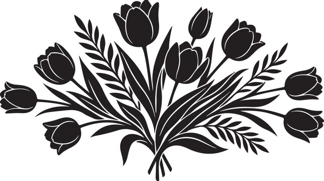 Black tulip bouquet silhouette vector, elegant floral arrangement with spring flowers and leaves, botanical blossom garden illustration