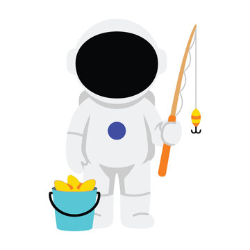 Astronaut fishing with bucket of gold coins