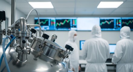 Fototapeta premium Biotechnology researchers in sterile cleanroom suits oversee advanced bioreactor processes and real-time data analysis in a modern laboratory environment