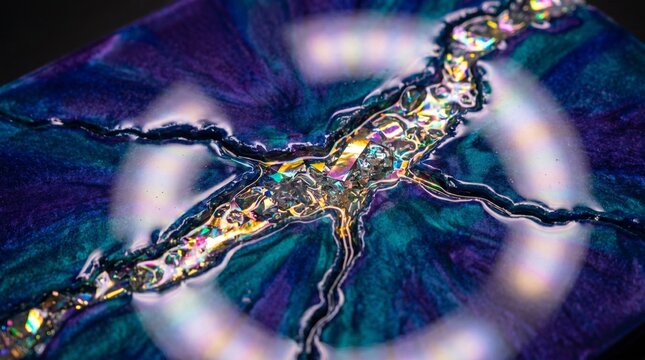 A close-up microscopic view of iridescent crystals forming intricate patterns