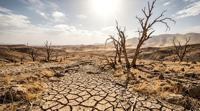 A desolate desert landscape with dry cracked earth and dead trees under a bright sun with mountains in the background and scattered clouds