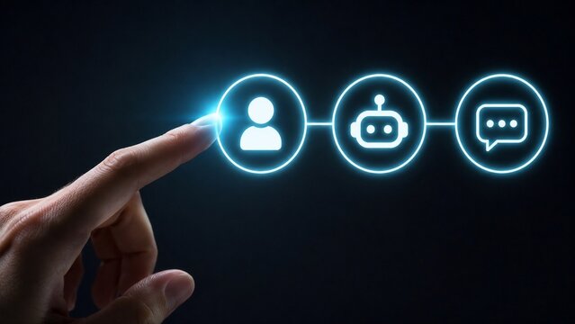 Chatbot workflow concept triggered through precise index finger. AI chain connects user through robot to chat response. Close-up of finger touching first glowing workflow circle on dark background.