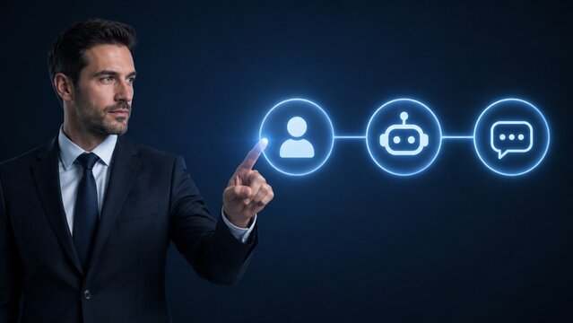 Chatbot workflow concept initiated by confident businessman. AI automation connects user through bot to chat response. Suited man pointing at glowing workflow circles on dark navy background.