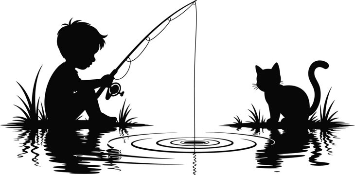 A black silhouette of a young boy fishing by the water next to his cat