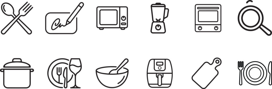 Kitchen, cooking line icons set. Air fryer, meal blender, oven, fridge, recipe cookbook, grocery delivery flat minimal vector illustrations. Simple outline signs. Perfect. Editable Stroke.