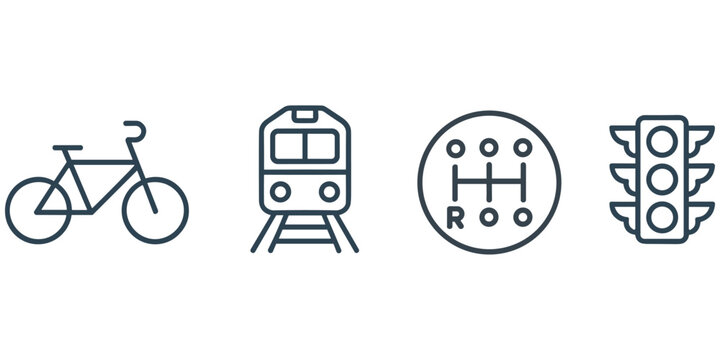 Set of four dark blue line bicycle, train, gear shift and traffic light on white background