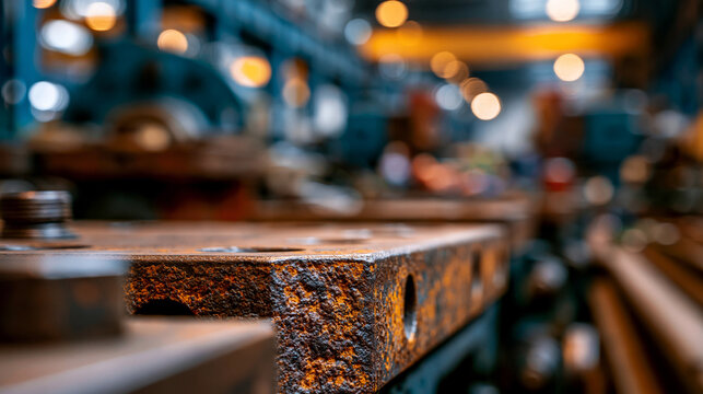 Close-up of aged and weathered factory equipment with an abstract textured surface, the worn industrial machinery detail creating an evocative background representing the history and