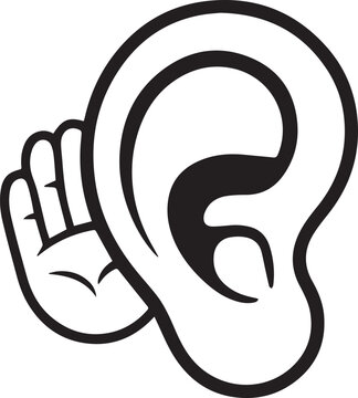 Cartoon hand cupping ear for listening with cupped hand body part black and white listening character