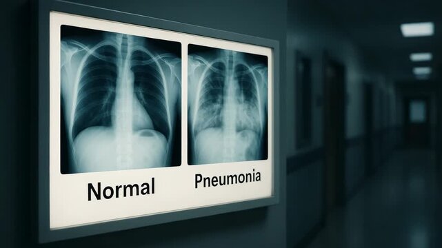 Lightbox in a hospital corridor displaying two chest X-rays labeled "Normal" and "Pneumonia" for medical comparison and diagnosis