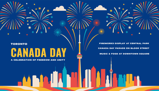 Vibrant graphic illustration of Canada Day celebration in Toronto with fireworks exploding over the city skyline and iconic CN Tower, symbolizing freedom and unity.