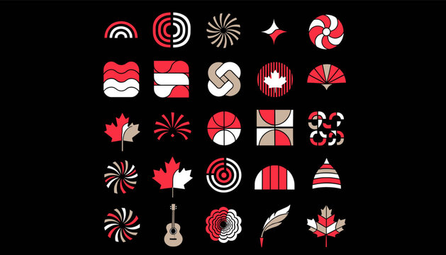 A grid of stylized red, white, and beige icons on a black background, featuring Canadian maple leaves, abstract shapes, and a ukulele.