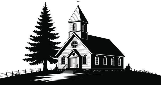 Black and white illustration of a small church with a steeple and pine tree on a hill