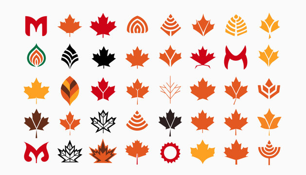 A collection of diverse and stylized maple leaf logos and icons in various colors and abstract designs on a white background.
