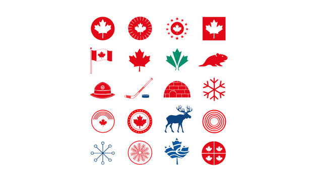 A collection of various Canadian national symbols and cultural icons arranged in a grid pattern on a white background.