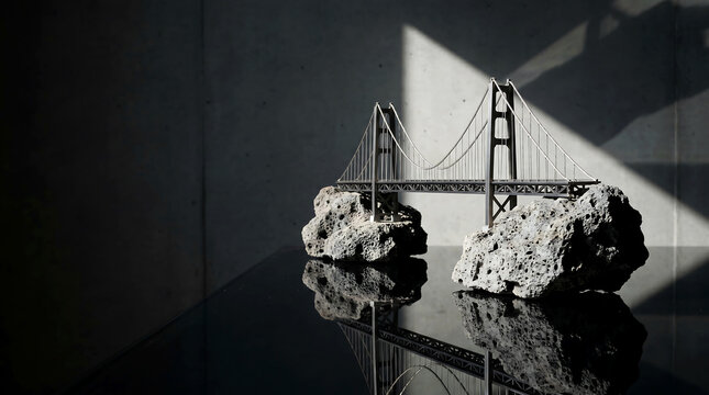 Miniature suspension bridge connecting two rough rocks for business solution and trust concept
